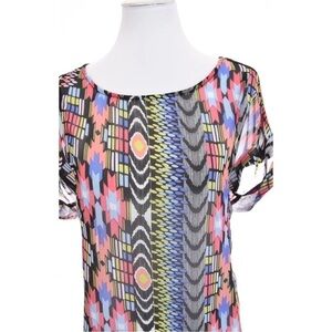Cha Cha Vente Colorful Aztec Geometic Sheer Asymmetrical Top Blouse Womens Sz M